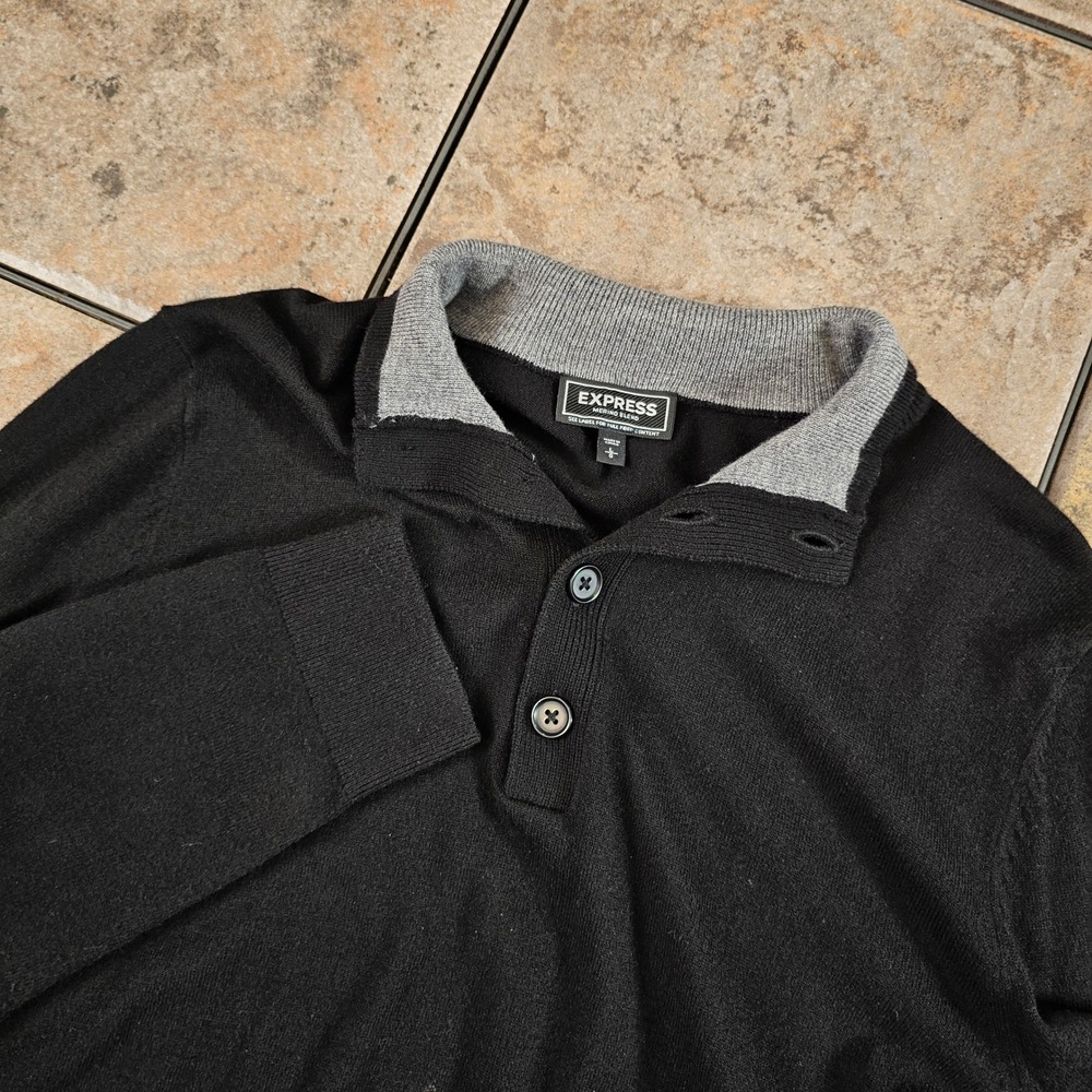 Express Mens Merino Wool Blend Button Neck Sweater Charcoal Gray Size‎ Large